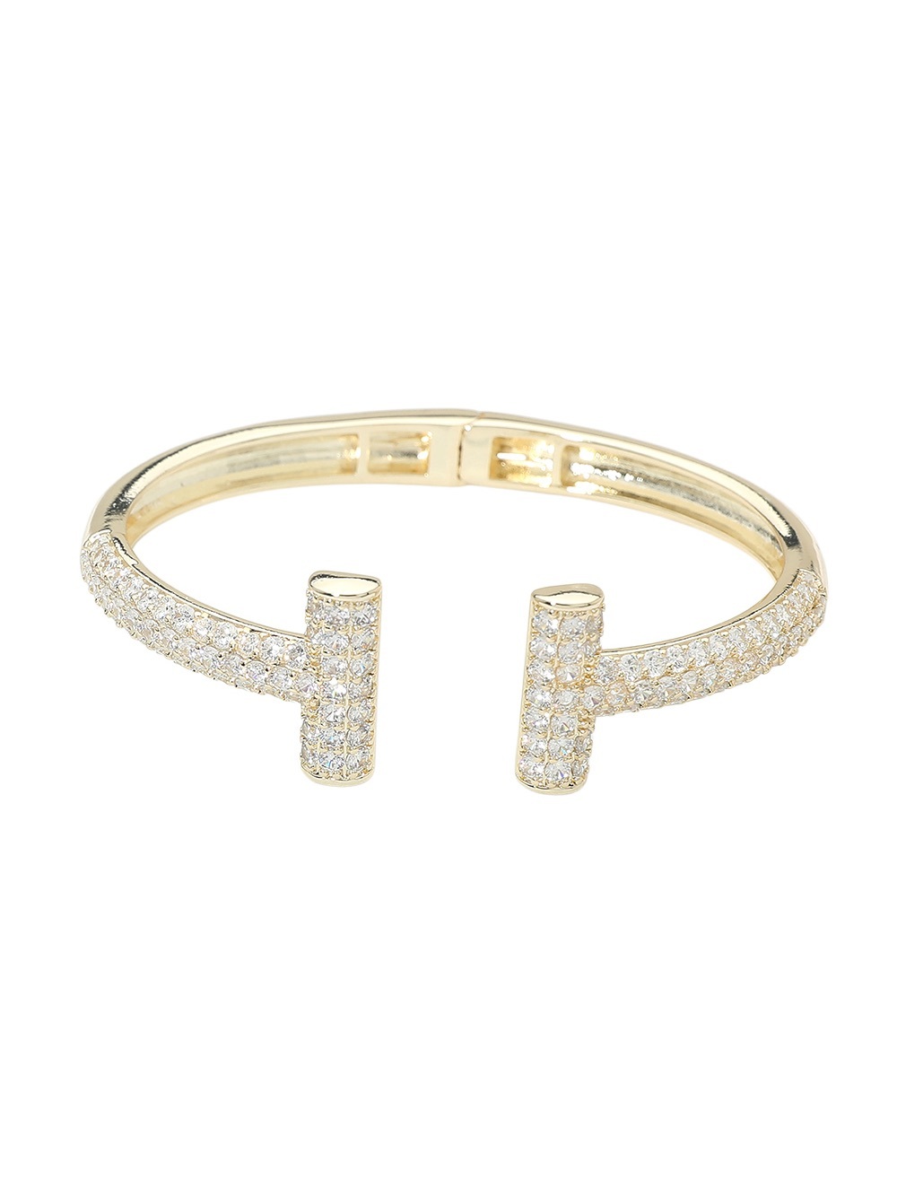 14K GP CZ Stone Pave T Tip Hinged Cuff Bracelet